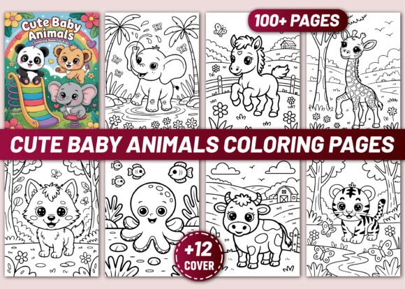 Baby animal coloring pages featuring cute pets, farm animals, wild animals, and sea creatures