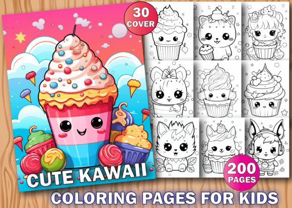 Kawaii coloring pages with cute dessert characters, animals, and playful black-and-white illustrations