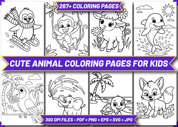 Cute animal coloring pages featuring friendly pets and wild animal line drawings