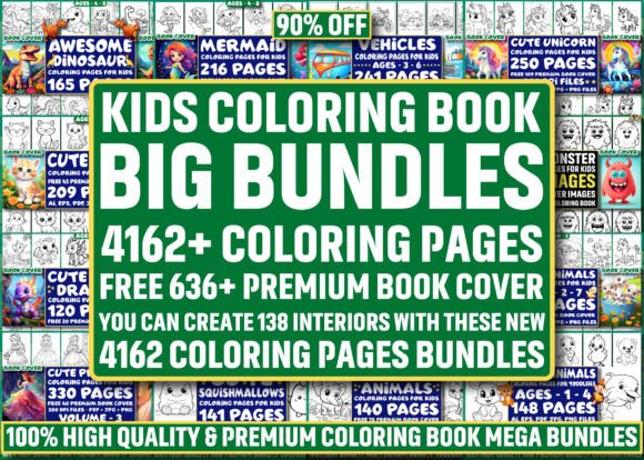 Large kids coloring book mega bundle preview with many themed coloring page collections