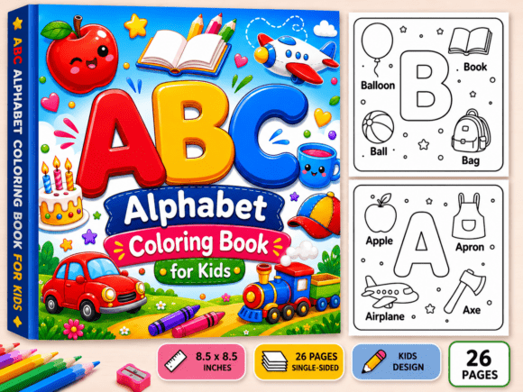 ABC alphabet coloring pages pairing letters with familiar objects such as apples, airplanes, and books