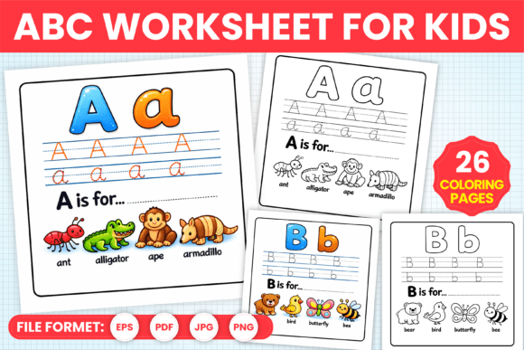 ABC worksheet coloring pages with letter tracing cards and playful animal illustrations