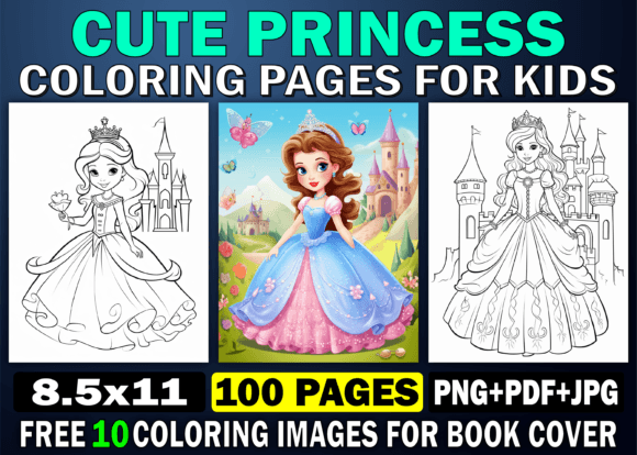 Princess coloring pages with elegant dresses, castles, and fairytale characters