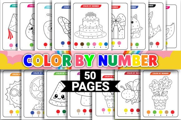 Easy color by number activity pages with simple numbered sections and cheerful objects