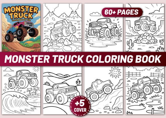 Monster truck coloring book preview with off-road trucks, racing scenes, and vehicle line drawings