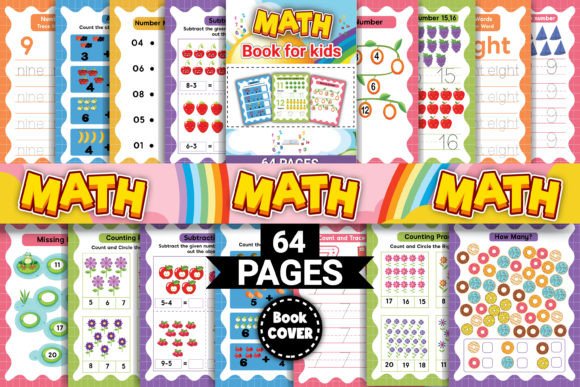 Number math activity book pages with counting, tracing, matching, and colorful number exercises